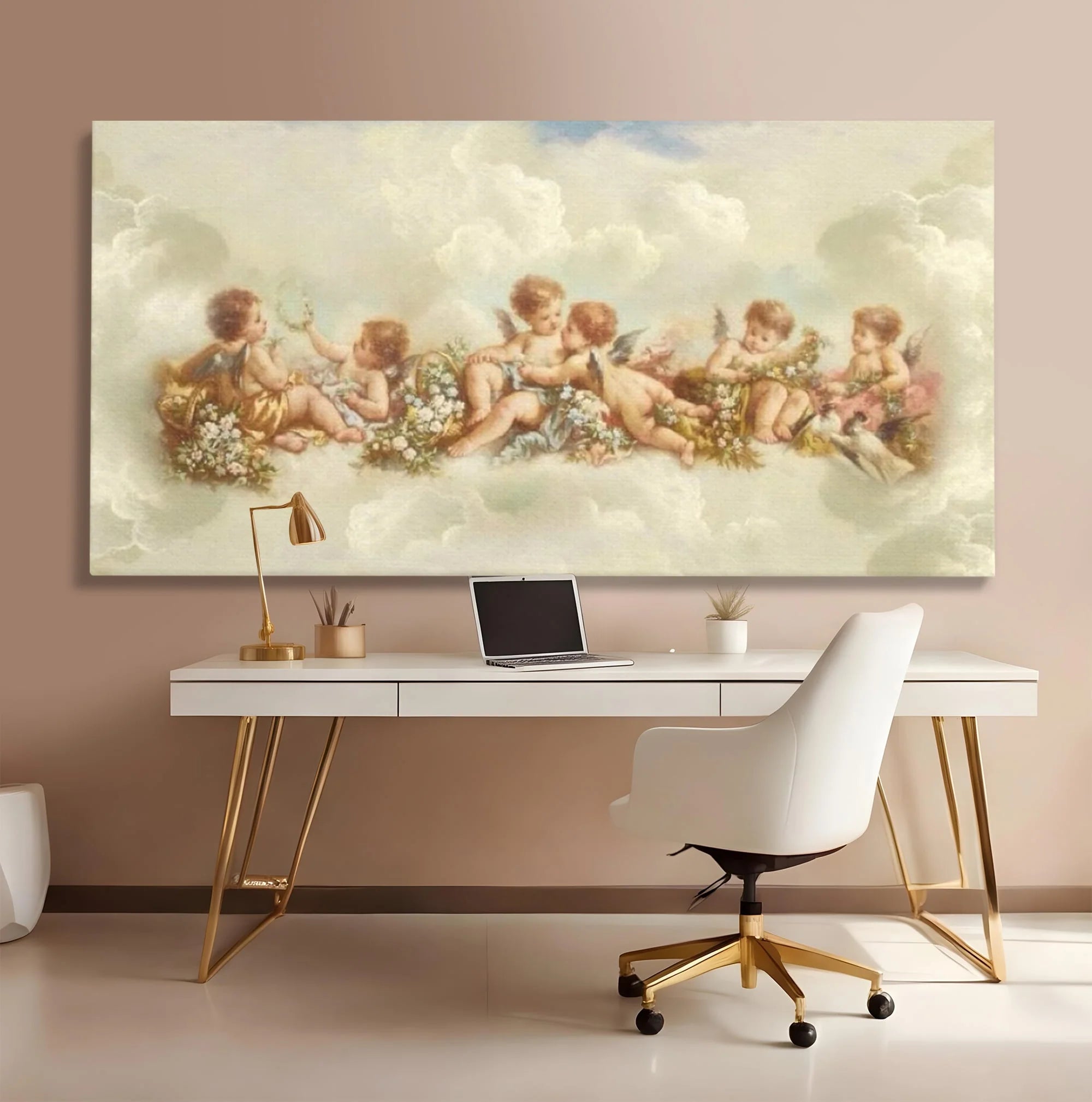 Tablou canvas cu pictura canvas cu ingerase pe nori, fara rama, pe sasiu de lemn, pe perete intr-un birou